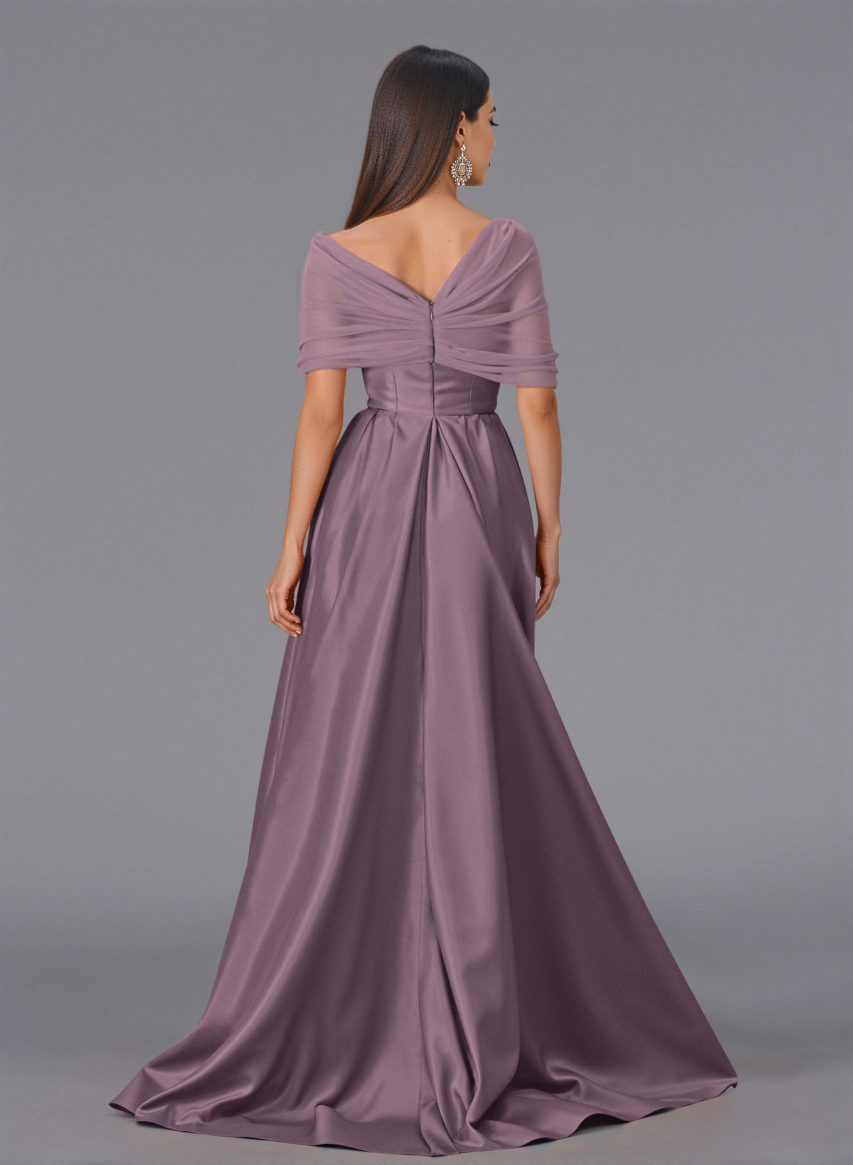 Elegant Tulle Asymmetrical Neckline Satin Bridesmaid Dresses With Split Front/Sweeping Side Drape, product image 82