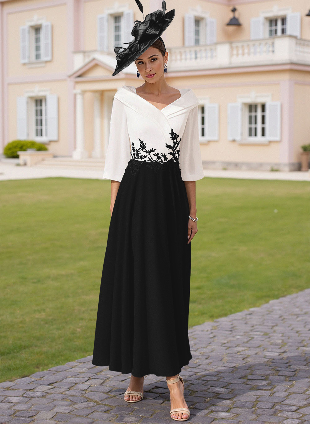A-Line V-Neck 3/4 Sleeves Chiffon Mother Of The Bride Dresses With Sequins Appliques Lace