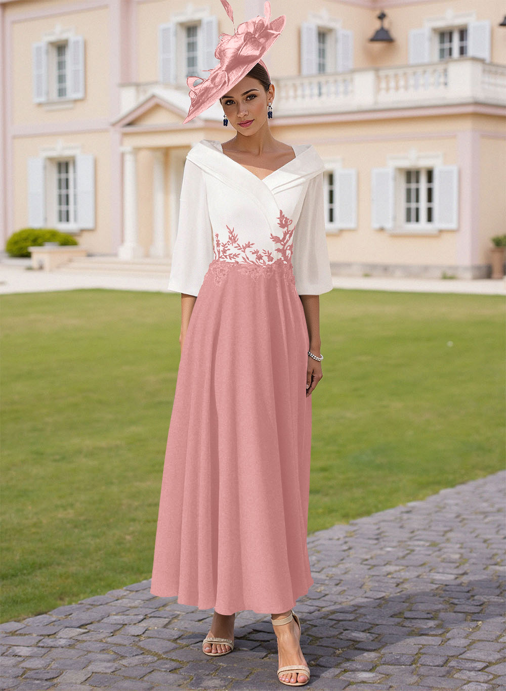 A-Line V-Neck 3/4 Sleeves Chiffon Mother Of The Bride Dresses With Sequins Appliques Lace