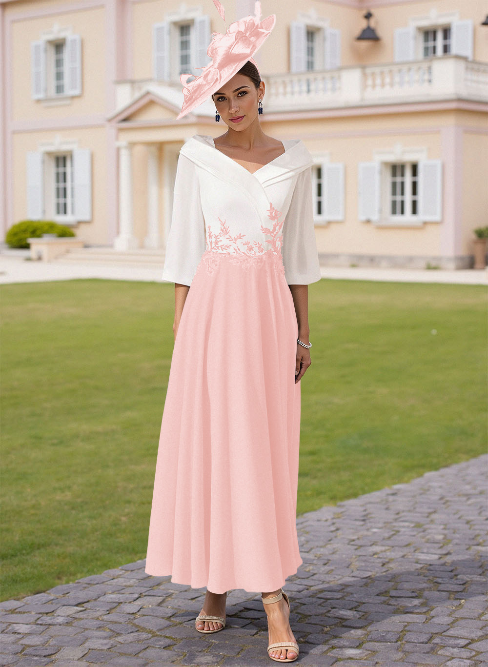 A-Line V-Neck 3/4 Sleeves Chiffon Mother Of The Bride Dresses With Sequins Appliques Lace