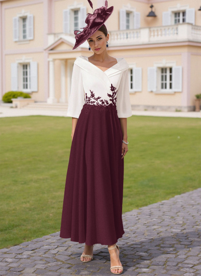 A-Line V-Neck 3/4 Sleeves Chiffon Mother Of The Bride Dresses With Sequins Appliques Lace