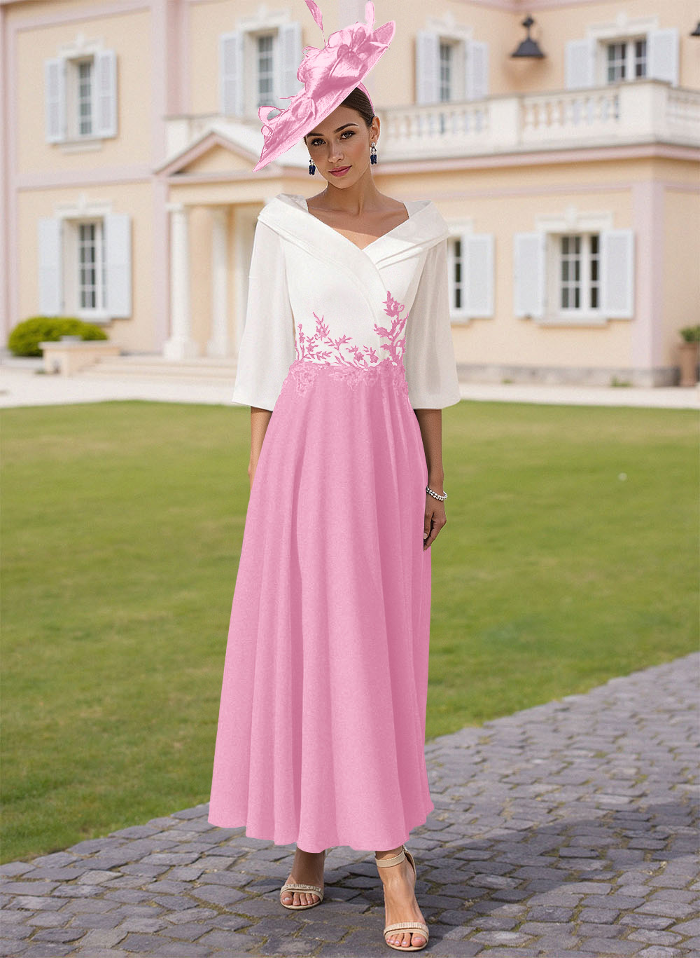 A-Line V-Neck 3/4 Sleeves Chiffon Mother Of The Bride Dresses With Sequins Appliques Lace