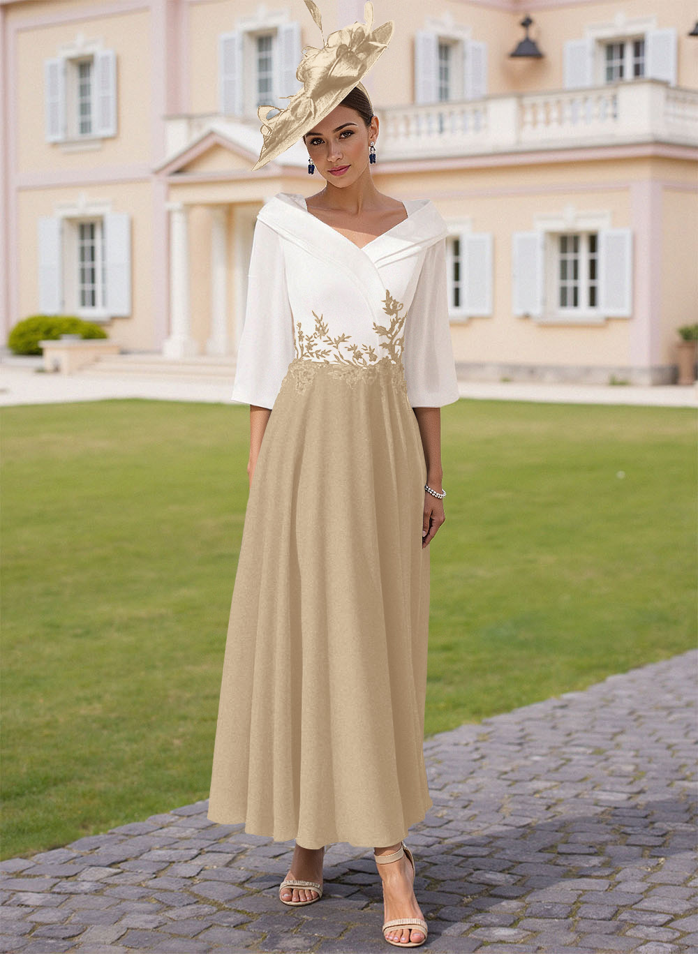 A-Line V-Neck 3/4 Sleeves Chiffon Mother Of The Bride Dresses With Sequins Appliques Lace