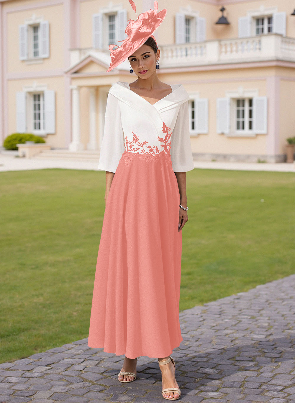 A-Line V-Neck 3/4 Sleeves Chiffon Mother Of The Bride Dresses With Sequins Appliques Lace