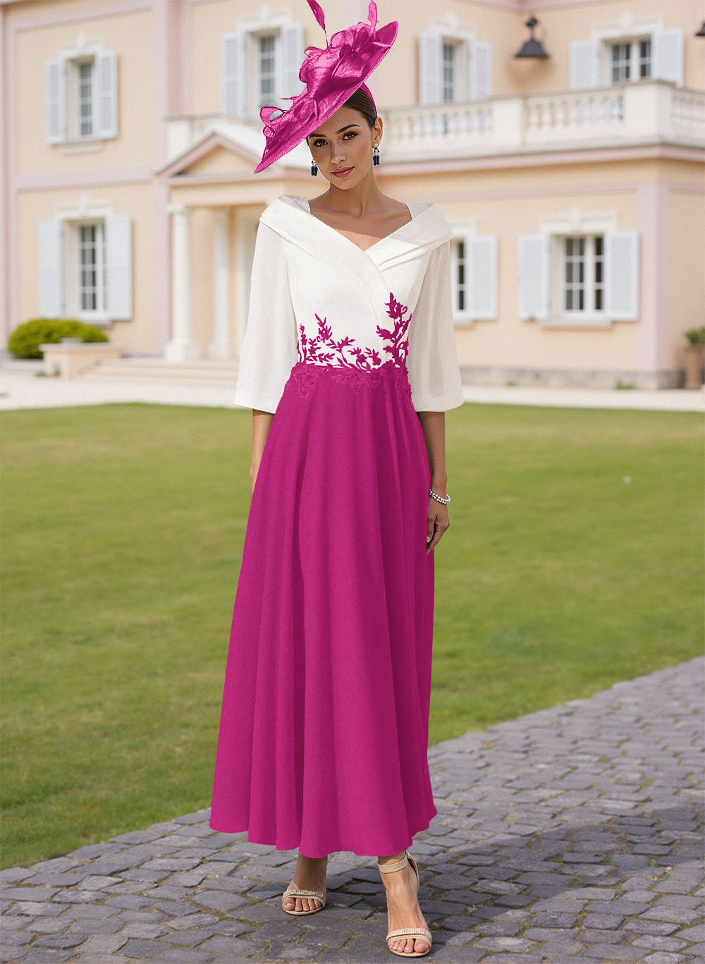 A-Line V-Neck 3/4 Sleeves Chiffon Mother Of The Bride Dresses With Sequins Appliques Lace