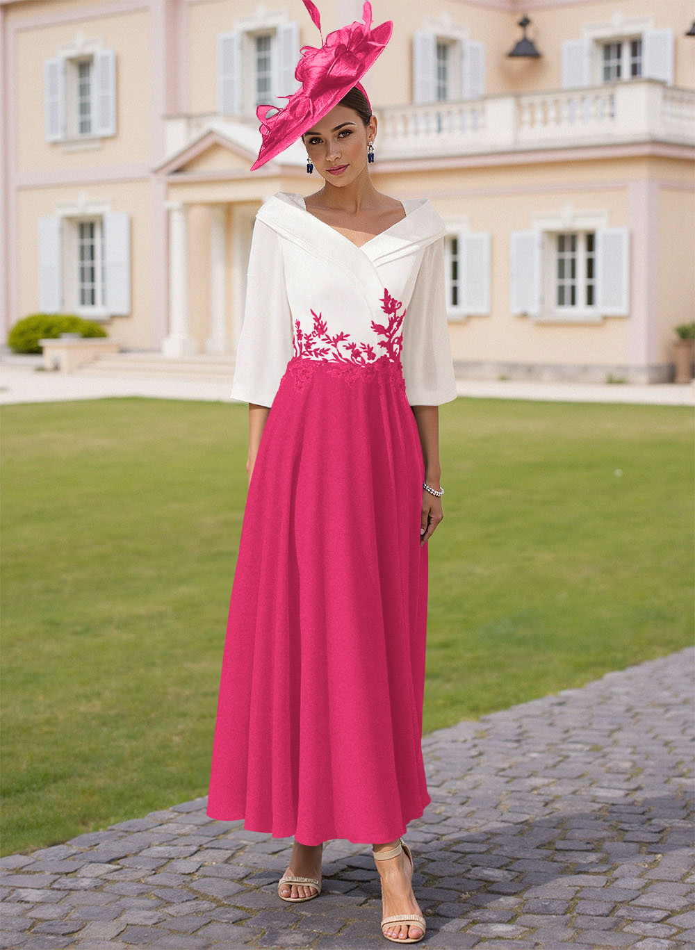 A-Line V-Neck 3/4 Sleeves Chiffon Mother Of The Bride Dresses With Sequins Appliques Lace