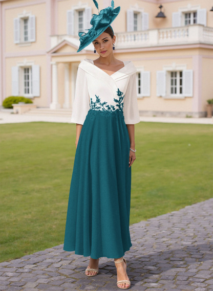 A-Line V-Neck 3/4 Sleeves Chiffon Mother Of The Bride Dresses With Sequins Appliques Lace