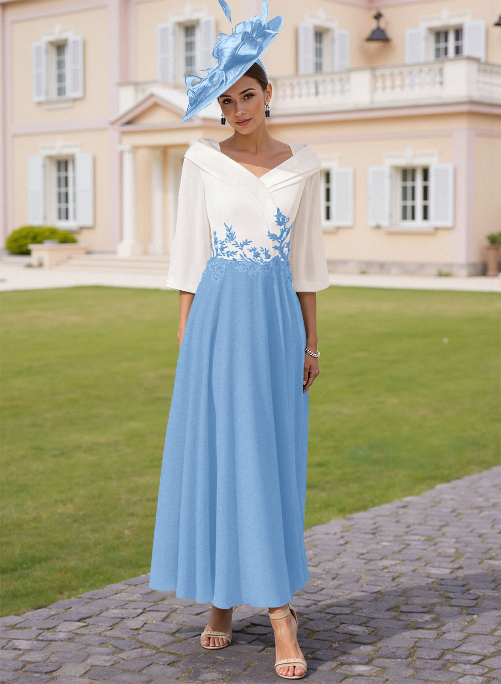 A-Line V-Neck 3/4 Sleeves Chiffon Mother Of The Bride Dresses With Sequins Appliques Lace