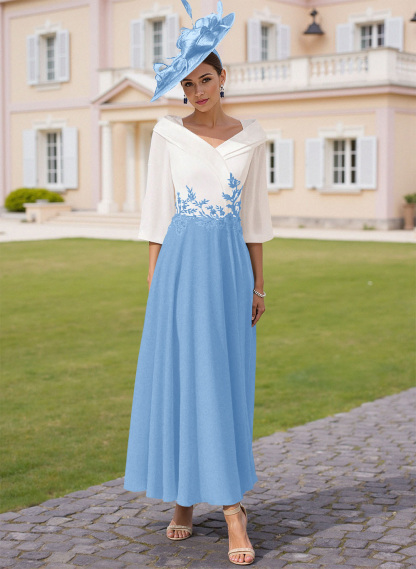 A-Line V-Neck 3/4 Sleeves Chiffon Mother Of The Bride Dresses With Sequins Appliques Lace