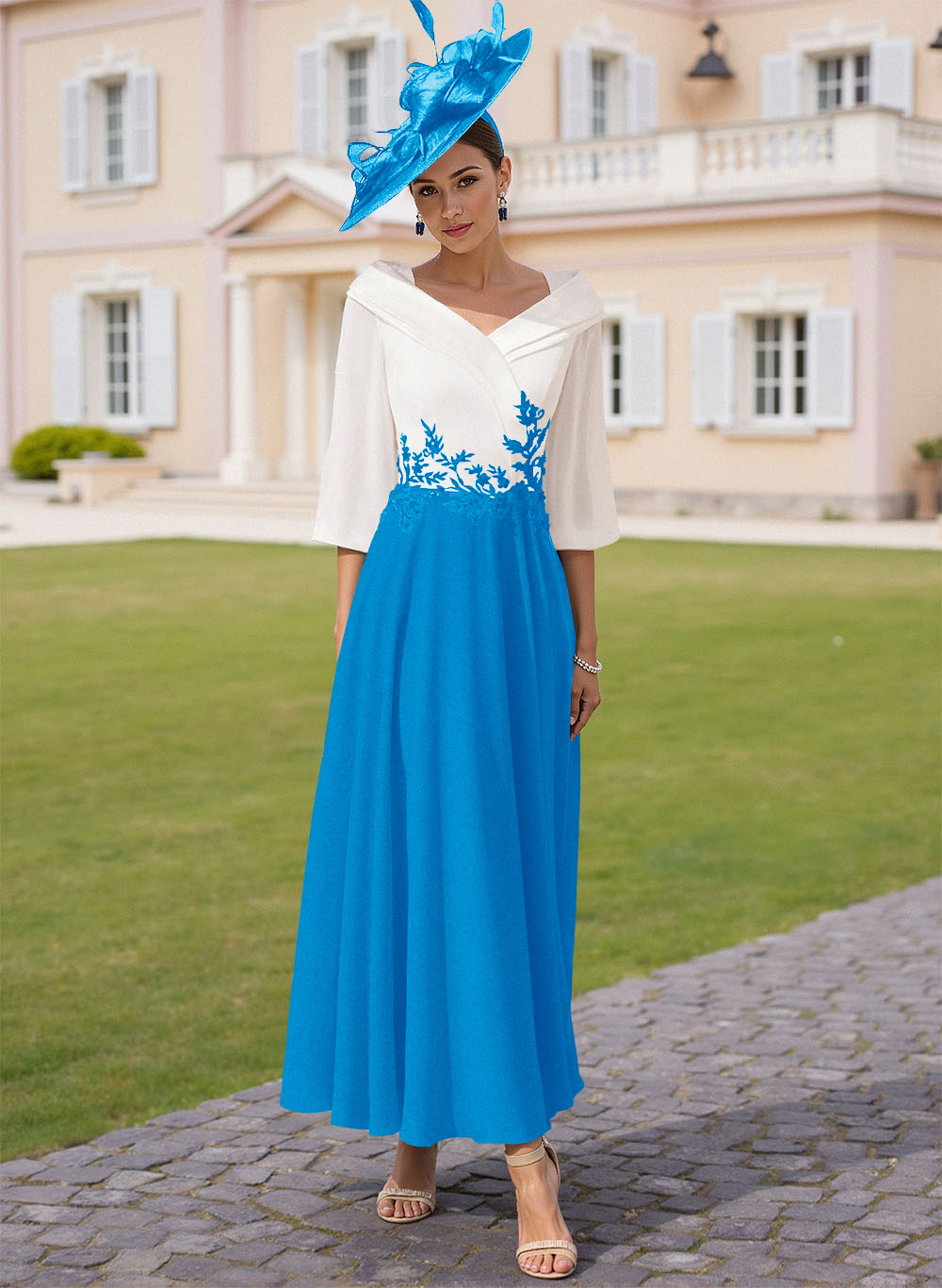 A-Line V-Neck 3/4 Sleeves Chiffon Mother Of The Bride Dresses With Sequins Appliques Lace