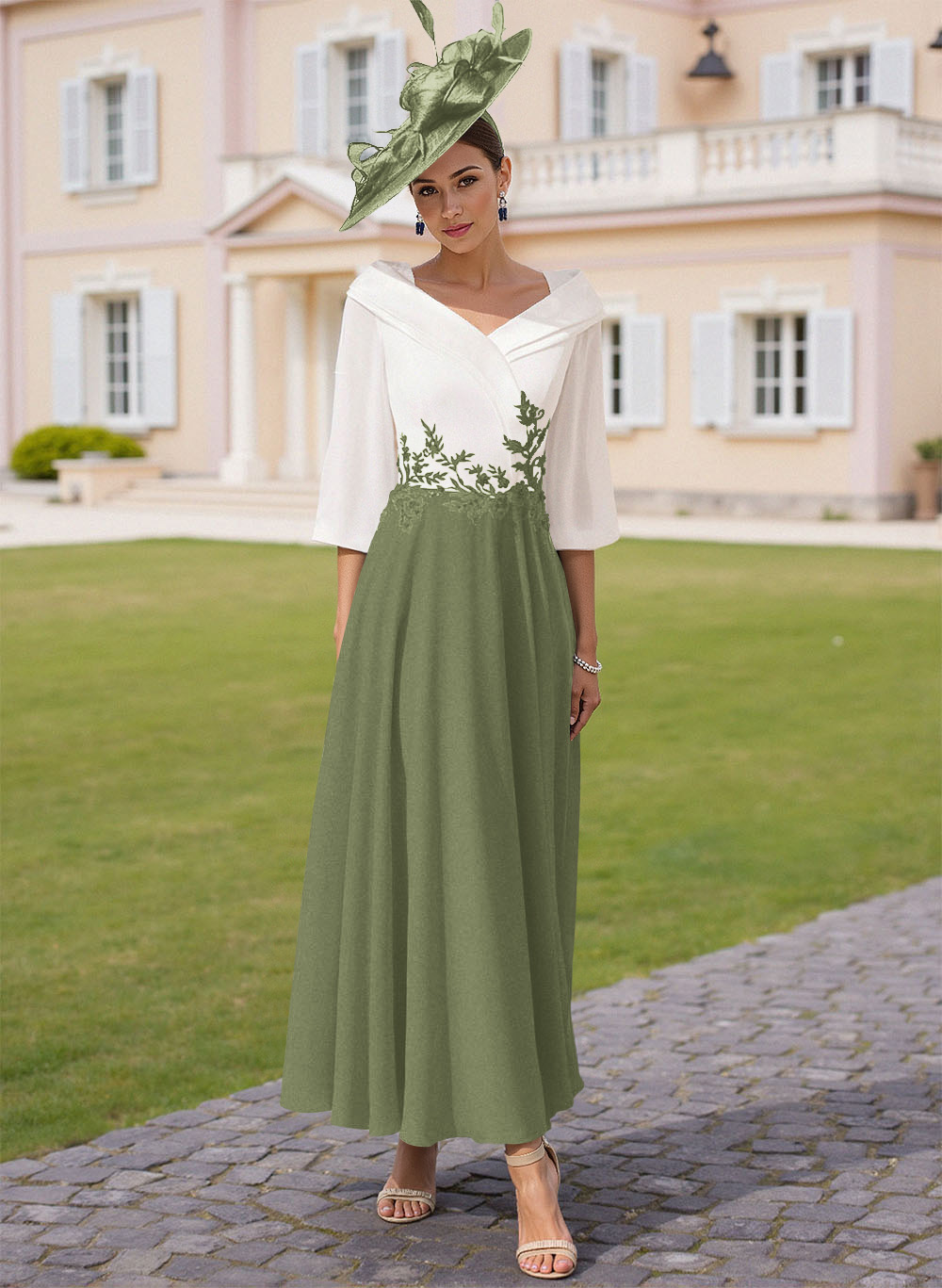A-Line V-Neck 3/4 Sleeves Chiffon Mother Of The Bride Dresses With Sequins Appliques Lace