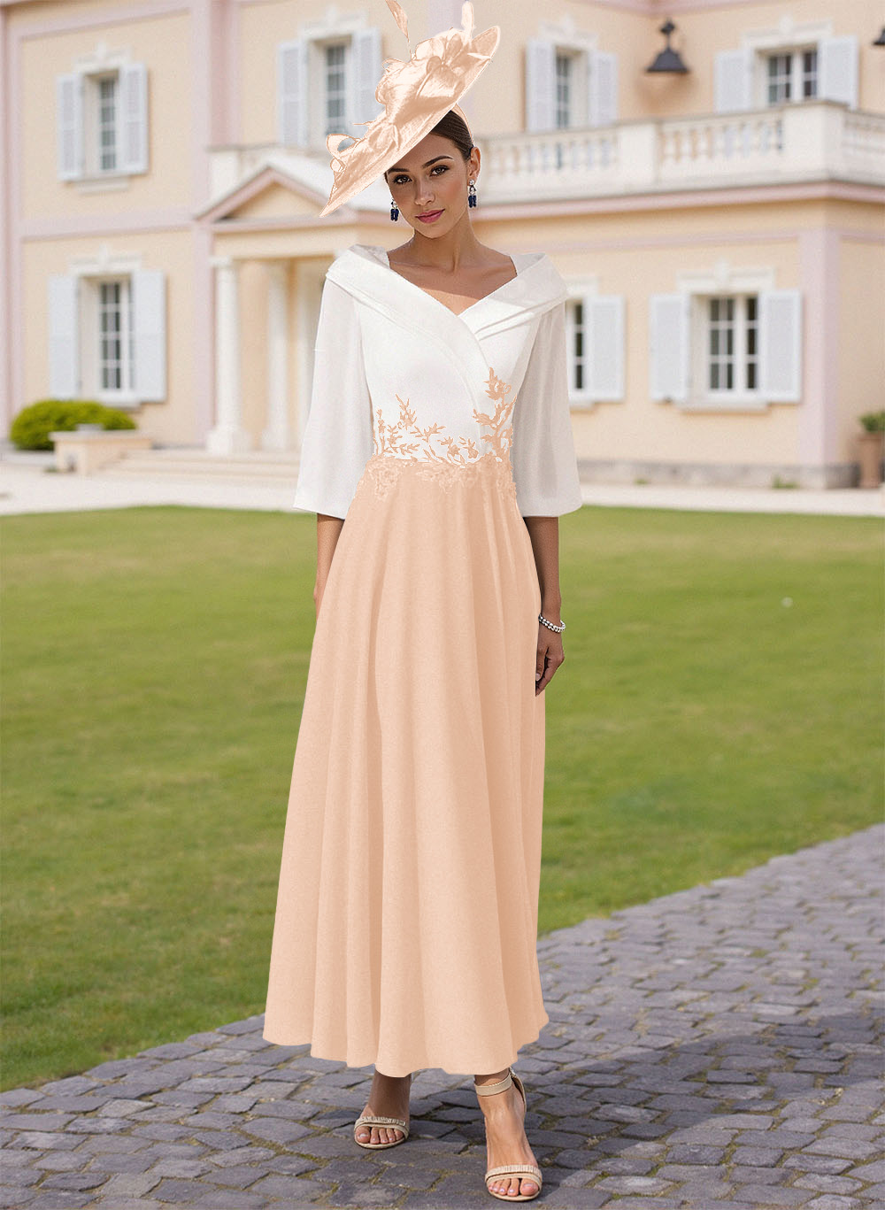 A-Line V-Neck 3/4 Sleeves Chiffon Mother Of The Bride Dresses With Sequins Appliques Lace