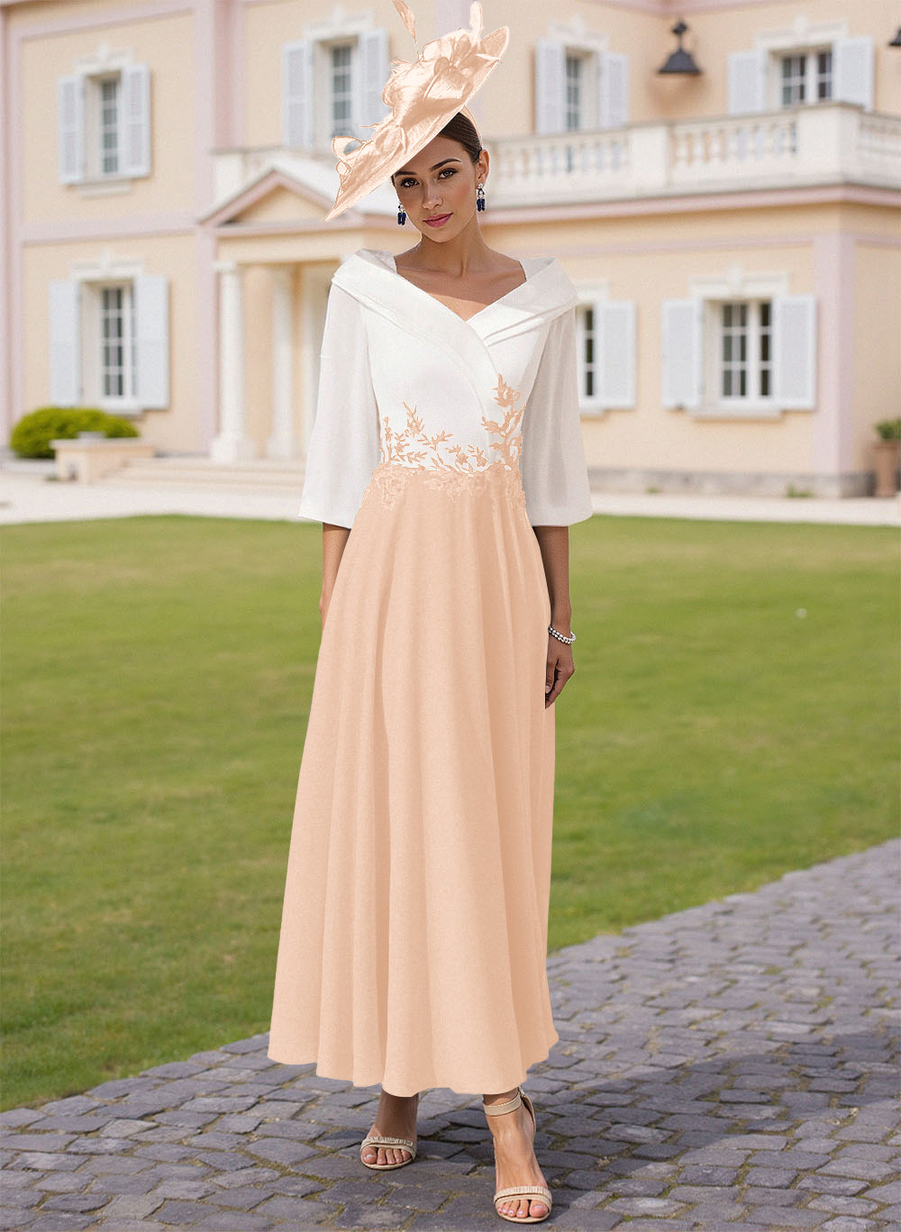 A-Line V-Neck 3/4 Sleeves Chiffon Mother Of The Bride Dresses With Sequins Appliques Lace