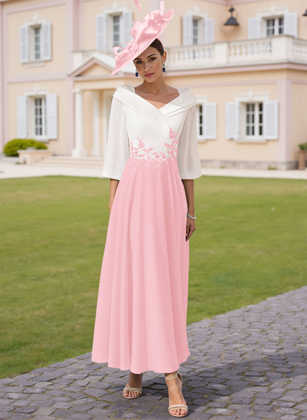 A-Line V-Neck 3/4 Sleeves Chiffon Mother Of The Bride Dresses With Sequins Appliques Lace