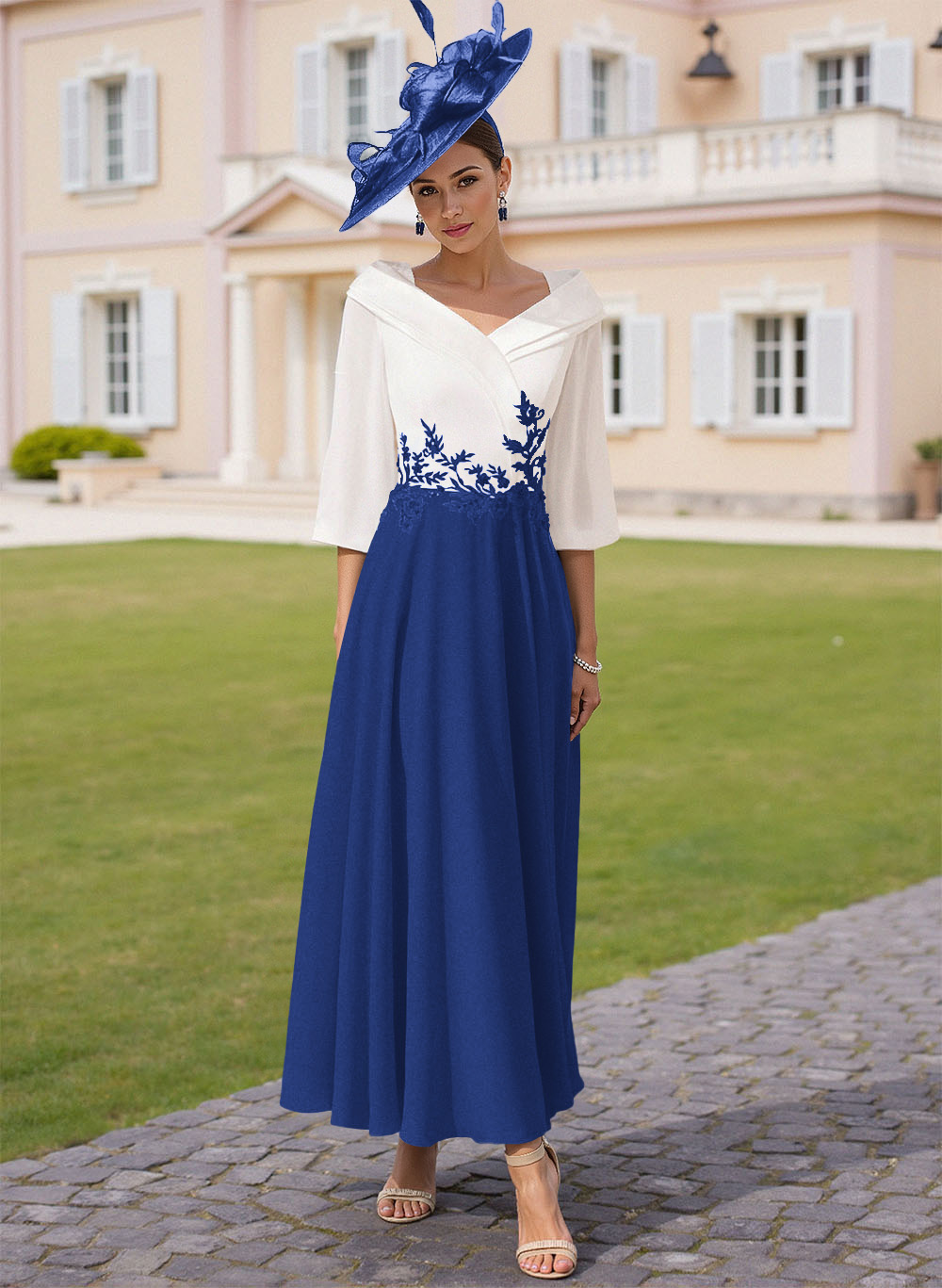 A-Line V-Neck 3/4 Sleeves Chiffon Mother Of The Bride Dresses With Sequins Appliques Lace