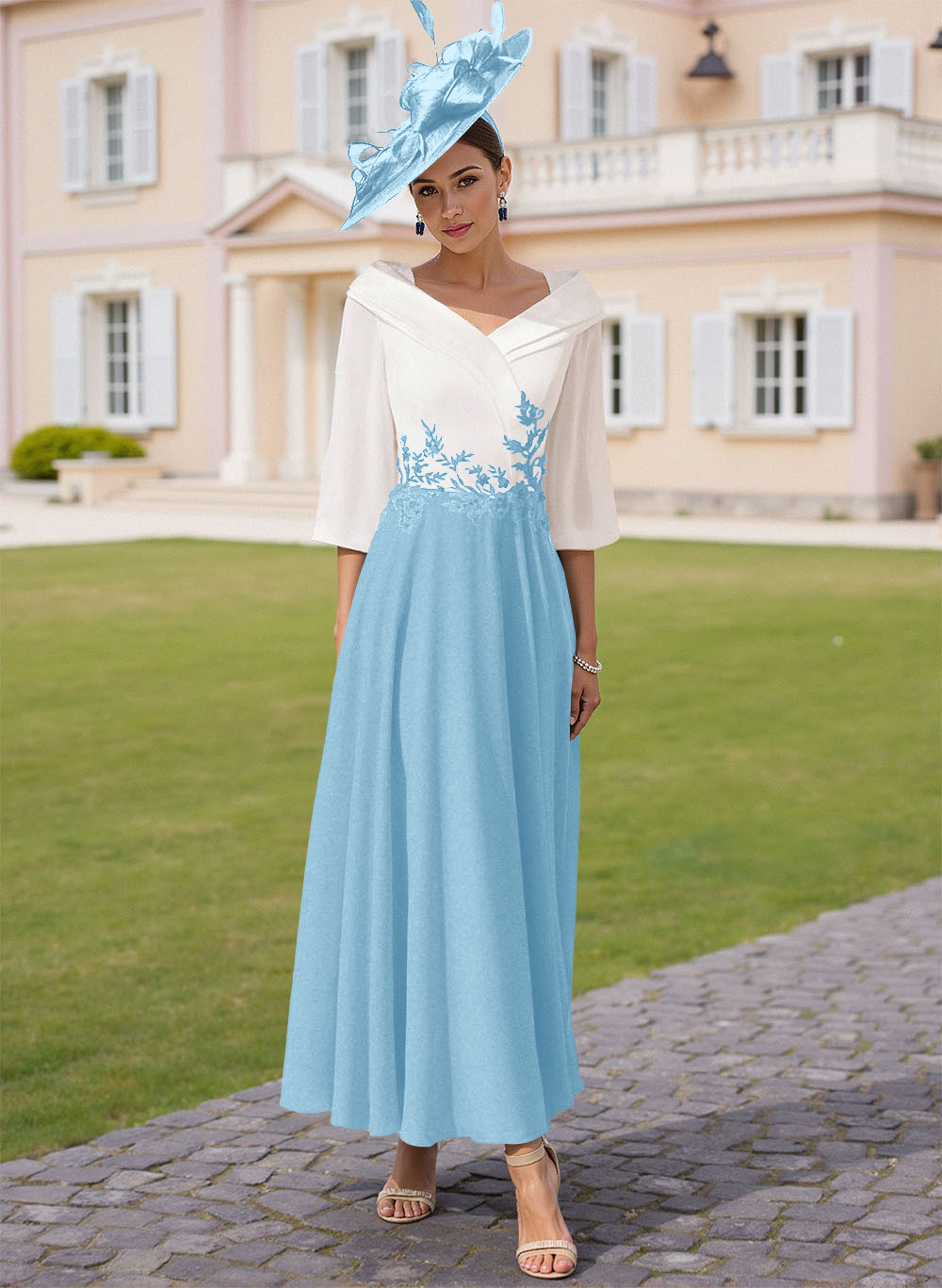 A-Line V-Neck 3/4 Sleeves Chiffon Mother Of The Bride Dresses With Sequins Appliques Lace