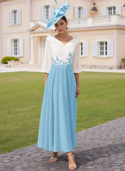 A-Line V-Neck 3/4 Sleeves Chiffon Mother Of The Bride Dresses With Sequins Appliques Lace