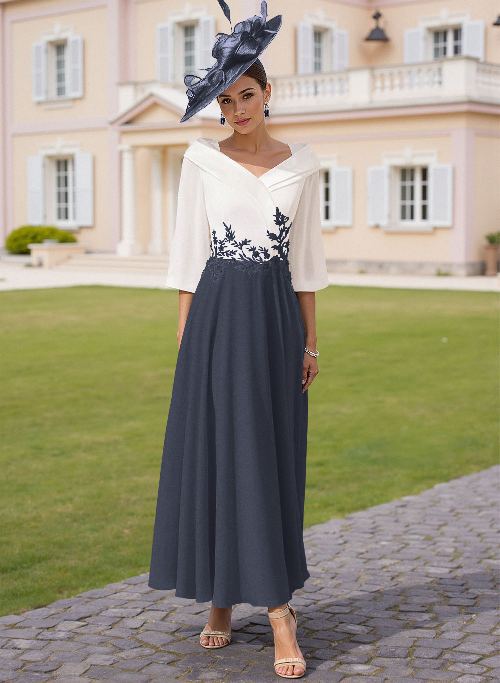 A-Line V-Neck 3/4 Sleeves Chiffon Mother Of The Bride Dresses With Sequins Appliques Lace