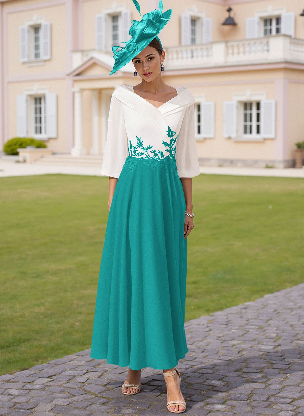A-Line V-Neck 3/4 Sleeves Chiffon Mother Of The Bride Dresses With Sequins Appliques Lace