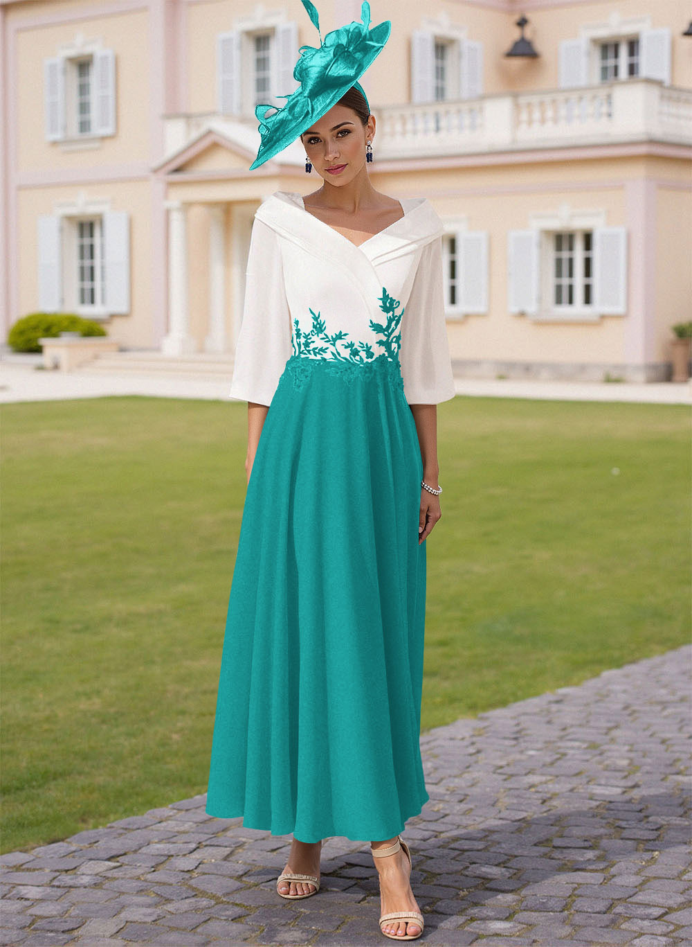 A-Line V-Neck 3/4 Sleeves Chiffon Mother Of The Bride Dresses With Sequins Appliques Lace