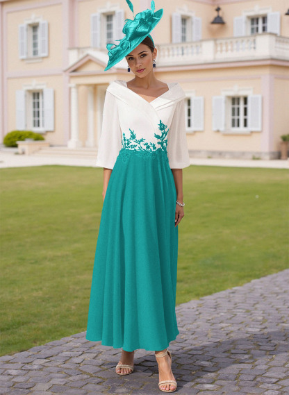 A-Line V-Neck 3/4 Sleeves Chiffon Mother Of The Bride Dresses With Sequins Appliques Lace
