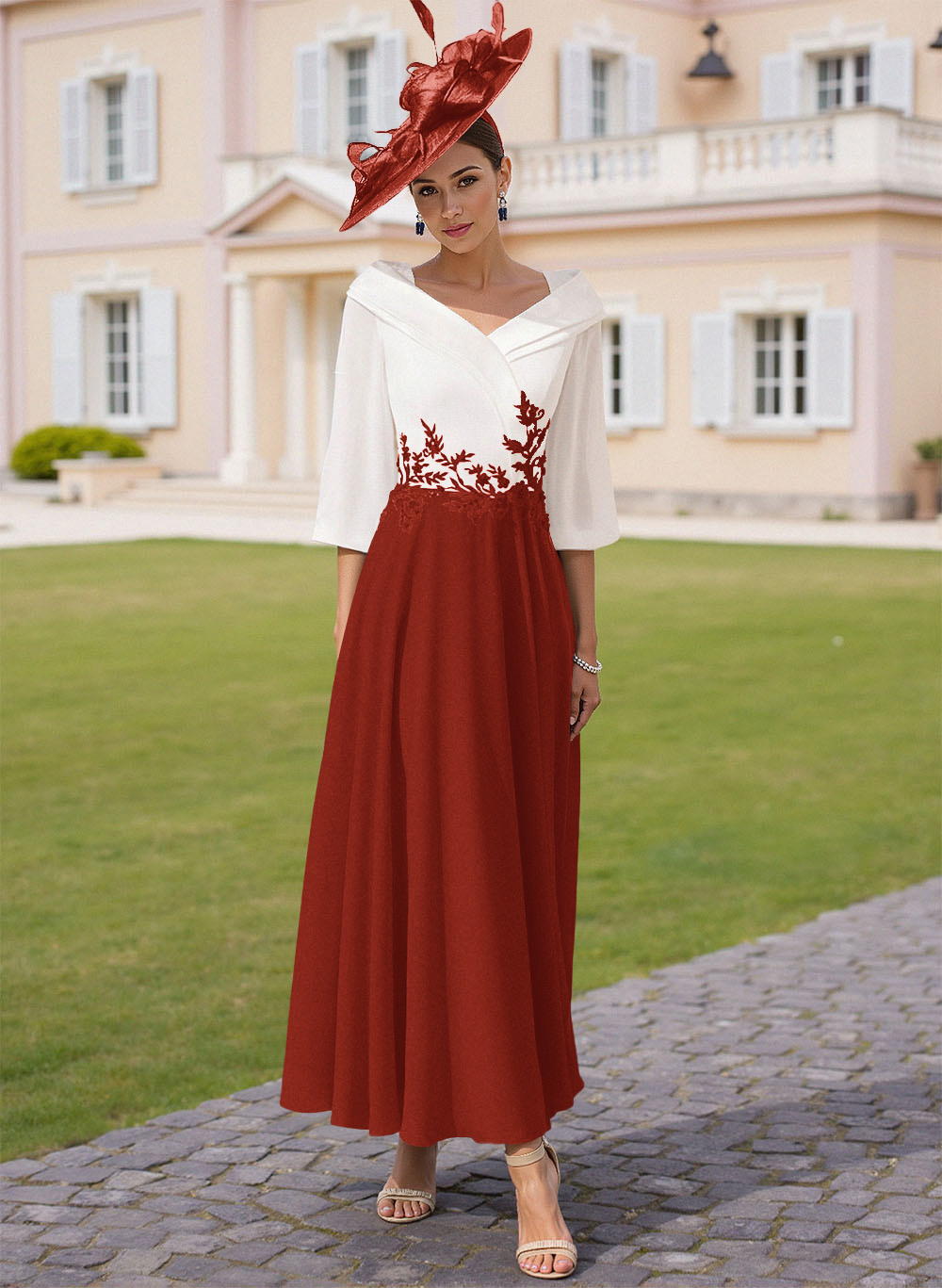 A-Line V-Neck 3/4 Sleeves Chiffon Mother Of The Bride Dresses With Sequins Appliques Lace