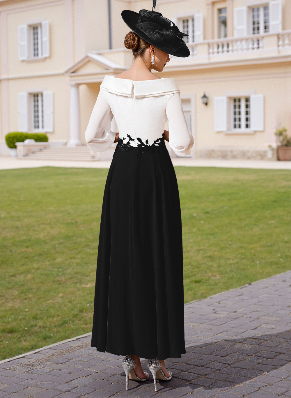 A-Line V-Neck 3/4 Sleeves Chiffon Mother Of The Bride Dresses With Sequins Appliques Lace