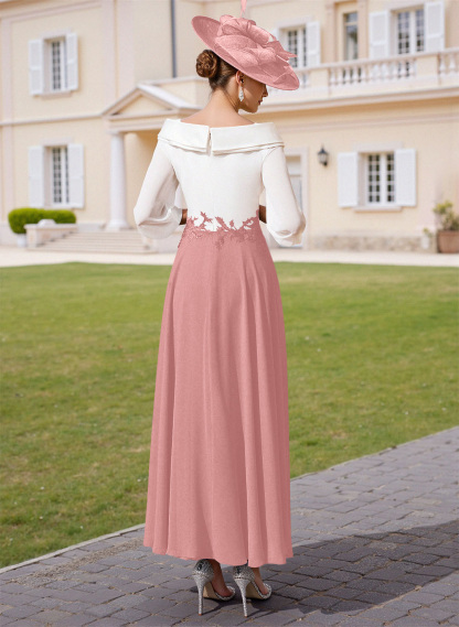 A-Line V-Neck 3/4 Sleeves Chiffon Mother Of The Bride Dresses With Sequins Appliques Lace