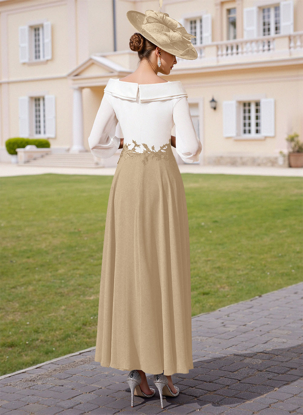 A-Line V-Neck 3/4 Sleeves Chiffon Mother Of The Bride Dresses With Sequins Appliques Lace