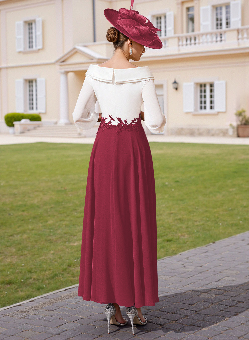 A-Line V-Neck 3/4 Sleeves Chiffon Mother Of The Bride Dresses With Sequins Appliques Lace