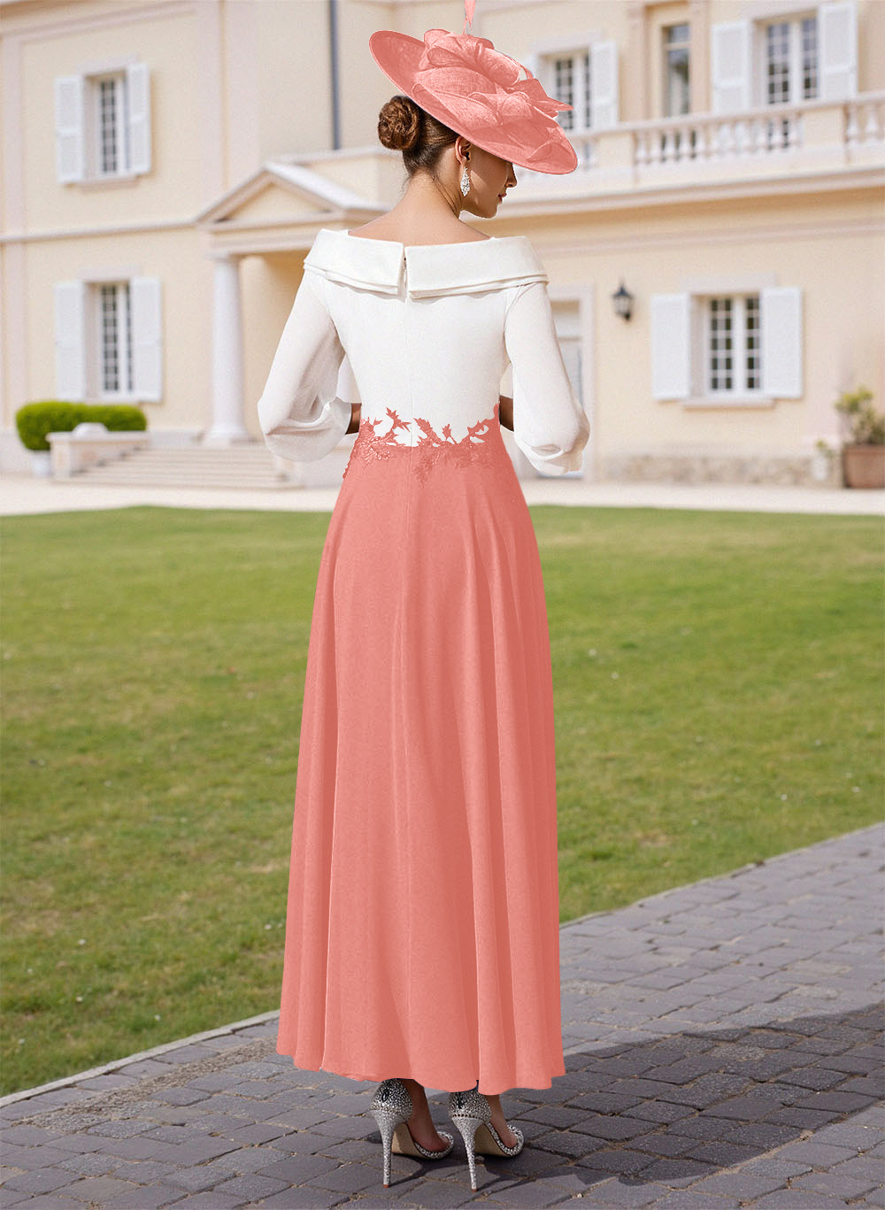 A-Line V-Neck 3/4 Sleeves Chiffon Mother Of The Bride Dresses With Sequins Appliques Lace