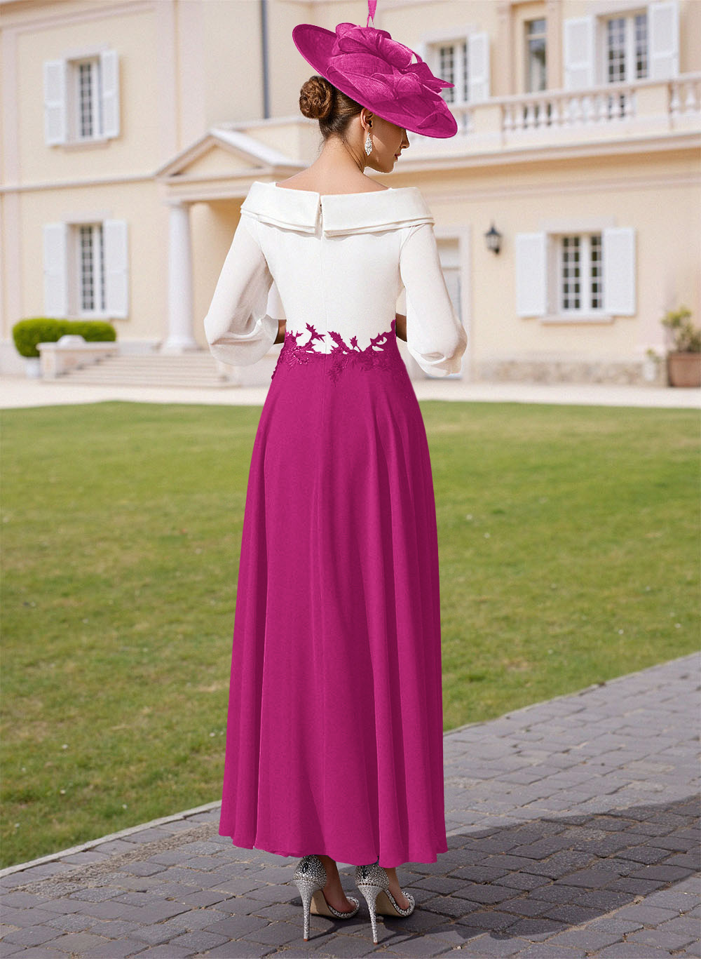 A-Line V-Neck 3/4 Sleeves Chiffon Mother Of The Bride Dresses With Sequins Appliques Lace