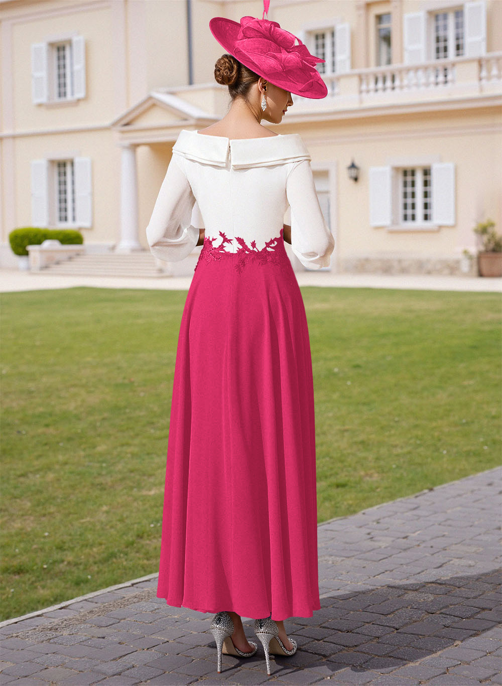 A-Line V-Neck 3/4 Sleeves Chiffon Mother Of The Bride Dresses With Sequins Appliques Lace