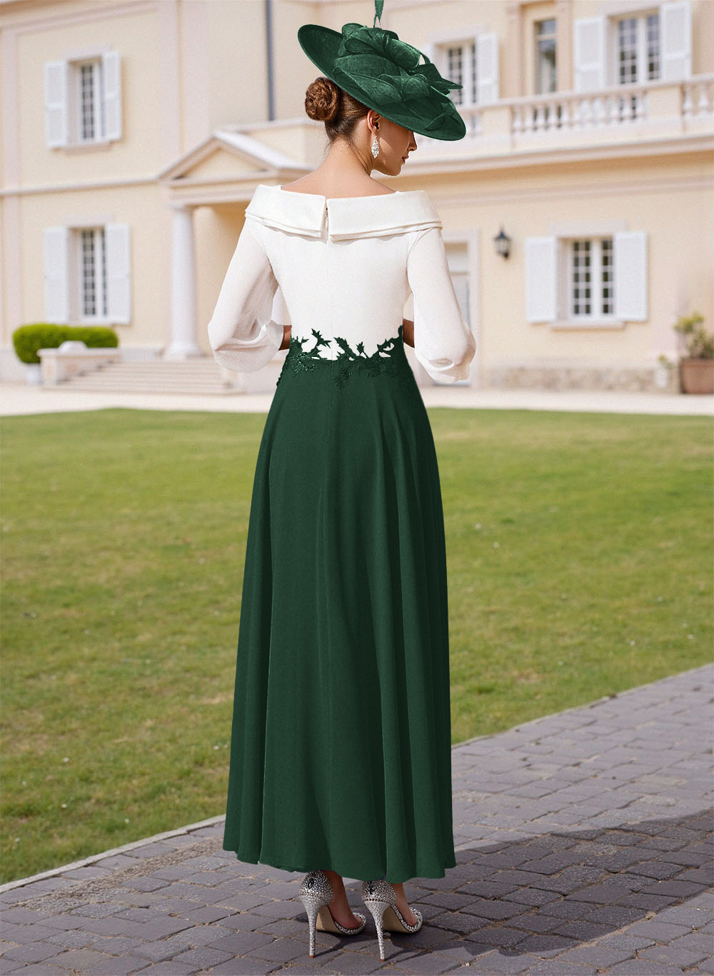 A-Line V-Neck 3/4 Sleeves Chiffon Mother Of The Bride Dresses With Sequins Appliques Lace