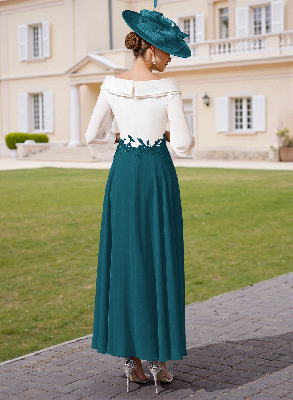 A-Line V-Neck 3/4 Sleeves Chiffon Mother Of The Bride Dresses With Sequins Appliques Lace