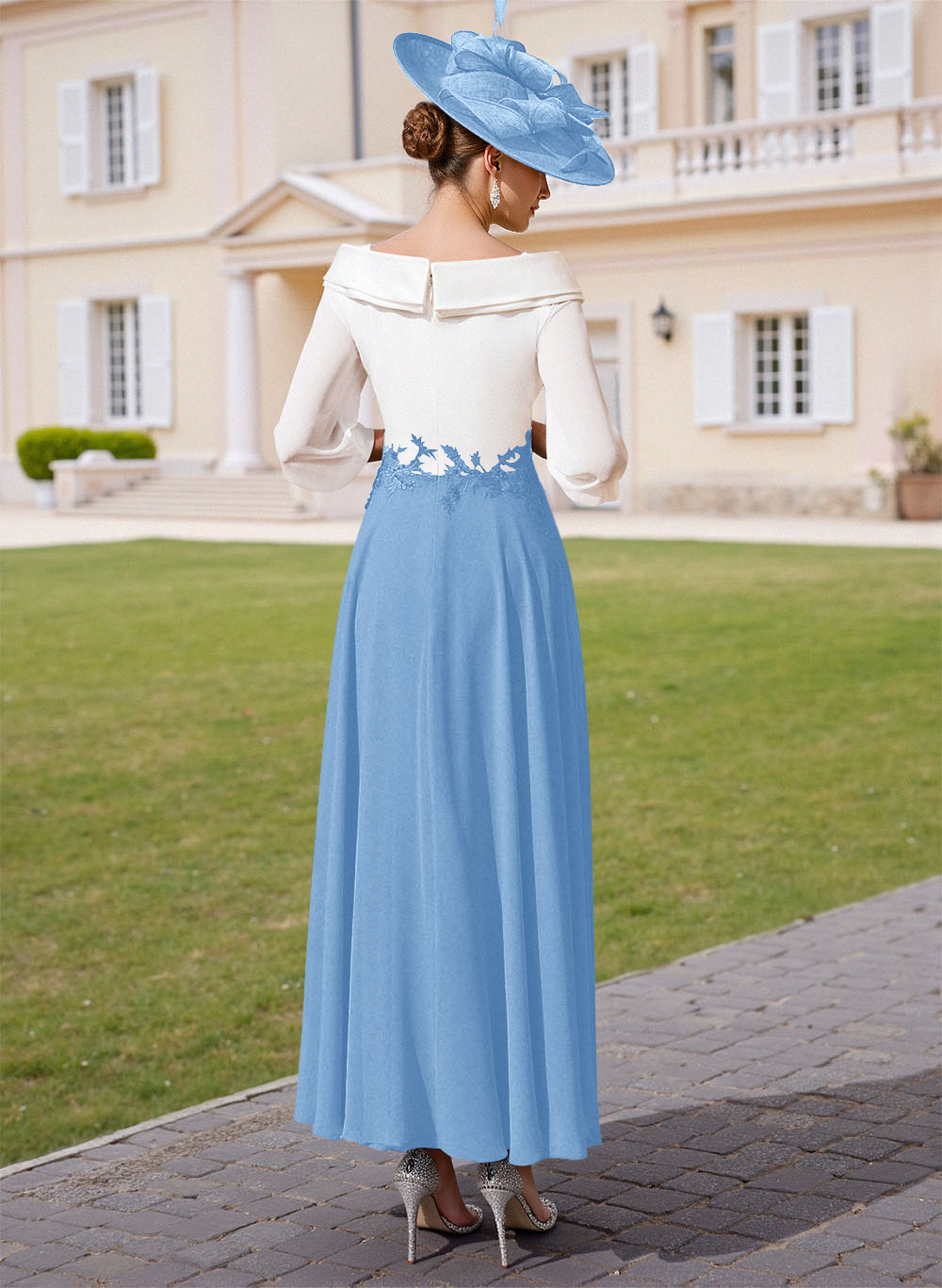 A-Line V-Neck 3/4 Sleeves Chiffon Mother Of The Bride Dresses With Sequins Appliques Lace