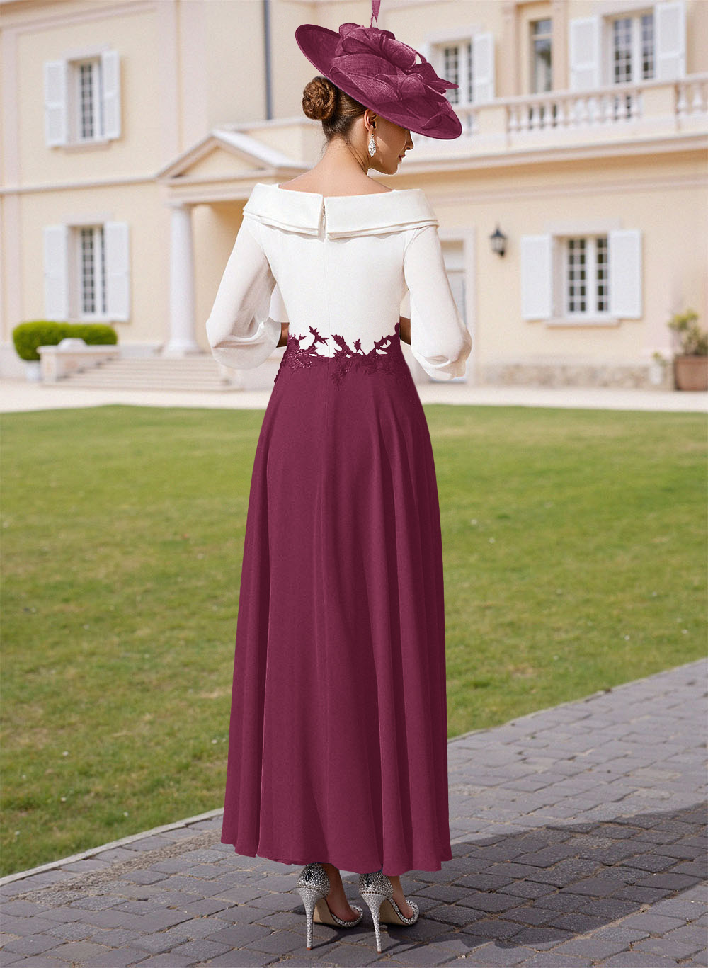 A-Line V-Neck 3/4 Sleeves Chiffon Mother Of The Bride Dresses With Sequins Appliques Lace