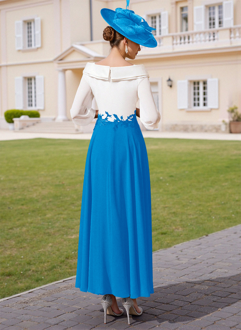 A-Line V-Neck 3/4 Sleeves Chiffon Mother Of The Bride Dresses With Sequins Appliques Lace