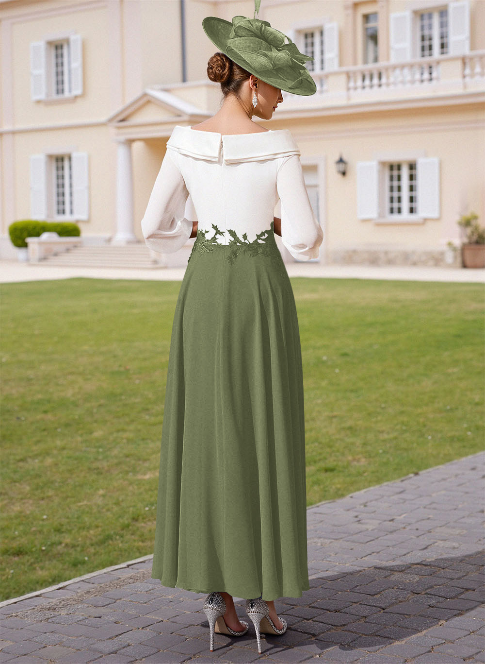 A-Line V-Neck 3/4 Sleeves Chiffon Mother Of The Bride Dresses With Sequins Appliques Lace