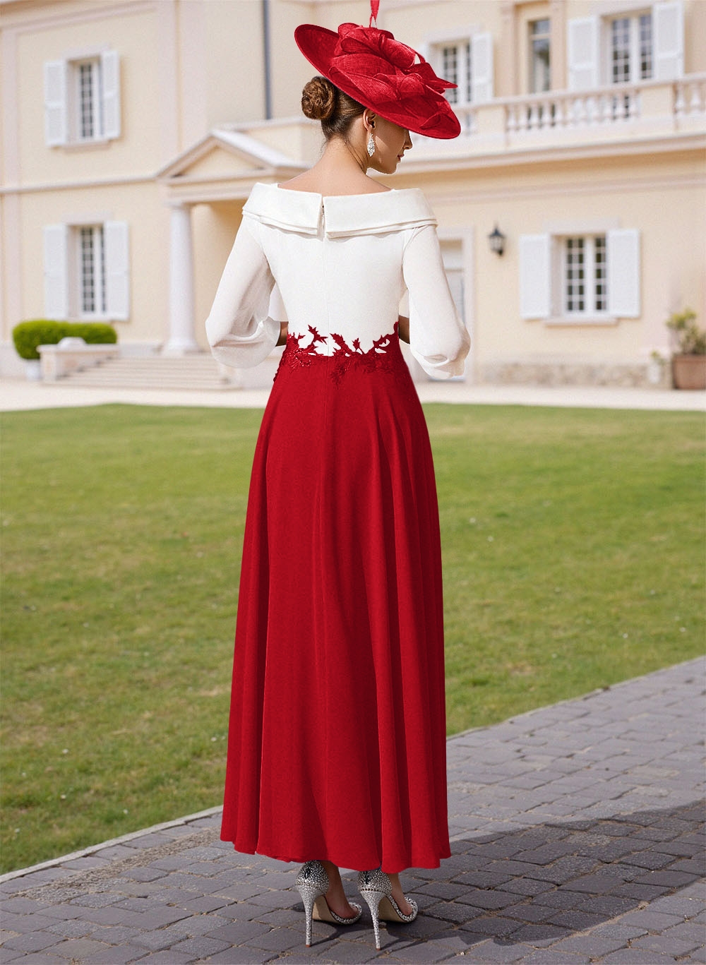 A-Line V-Neck 3/4 Sleeves Chiffon Mother Of The Bride Dresses With Sequins Appliques Lace