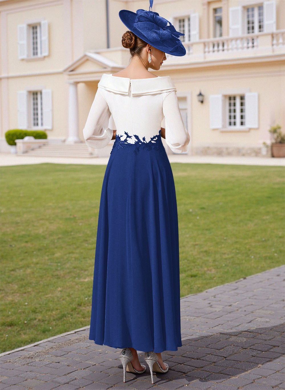 A-Line V-Neck 3/4 Sleeves Chiffon Mother Of The Bride Dresses With Sequins Appliques Lace
