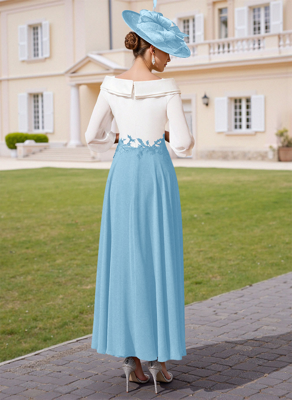 A-Line V-Neck 3/4 Sleeves Chiffon Mother Of The Bride Dresses With Sequins Appliques Lace