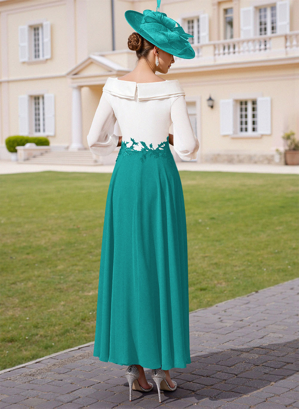 A-Line V-Neck 3/4 Sleeves Chiffon Mother Of The Bride Dresses With Sequins Appliques Lace