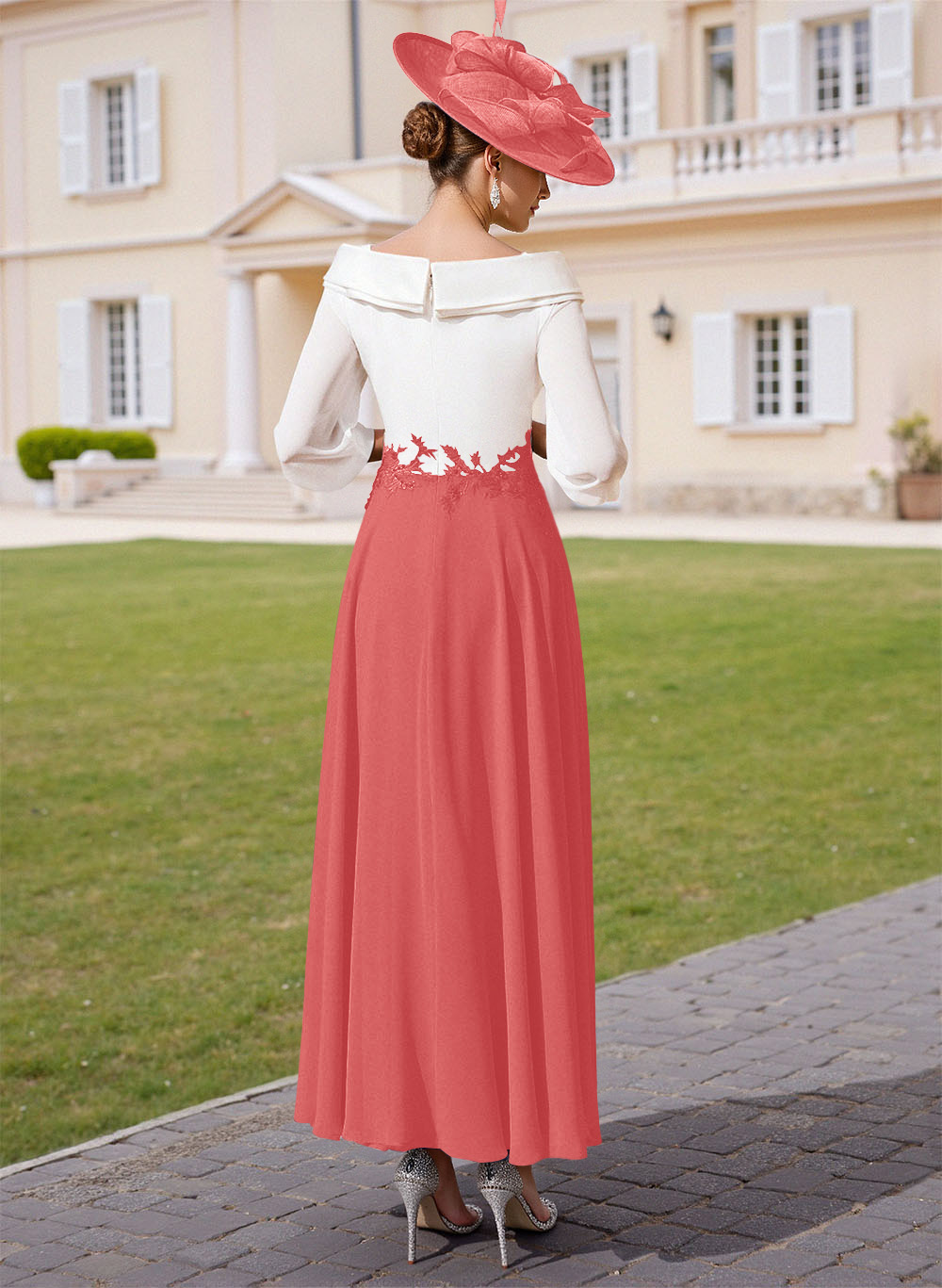 A-Line V-Neck 3/4 Sleeves Chiffon Mother Of The Bride Dresses With Sequins Appliques Lace