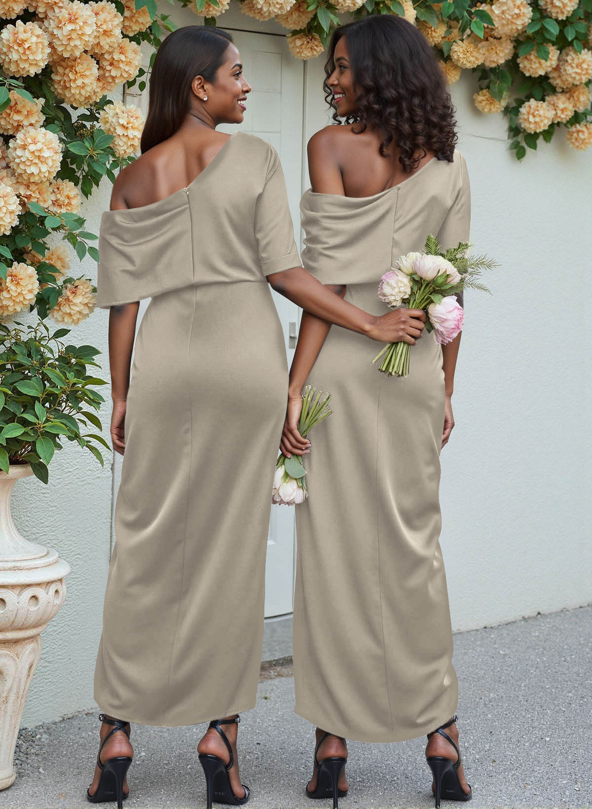 Sheath/Column Asymmetrical Sleeveless Satin Bridesmaid Dresses With Ruffle, product image 215