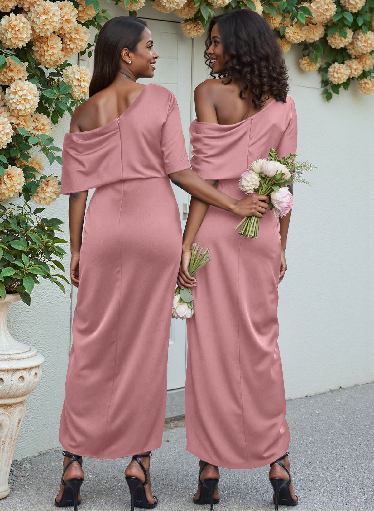 Sheath/Column Asymmetrical Sleeveless Satin Bridesmaid Dresses With Ruffle, product image 71