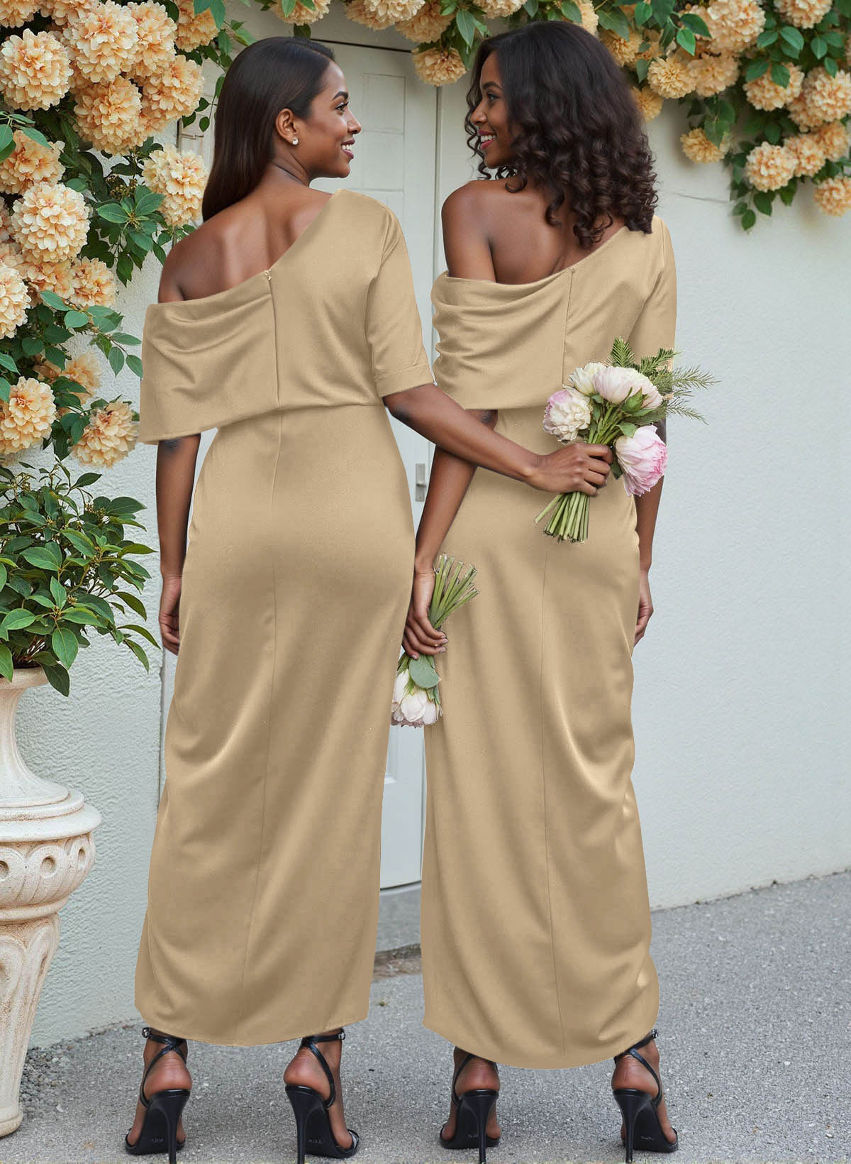 Sheath/Column Asymmetrical Sleeveless Satin Bridesmaid Dresses With Ruffle, product image 11