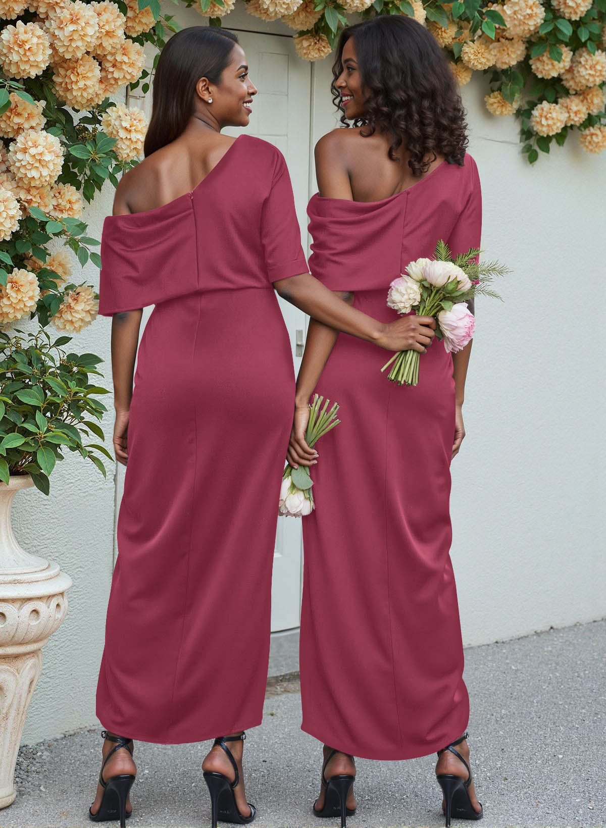 Sheath/Column Asymmetrical Sleeveless Satin Bridesmaid Dresses With Ruffle, product image 103