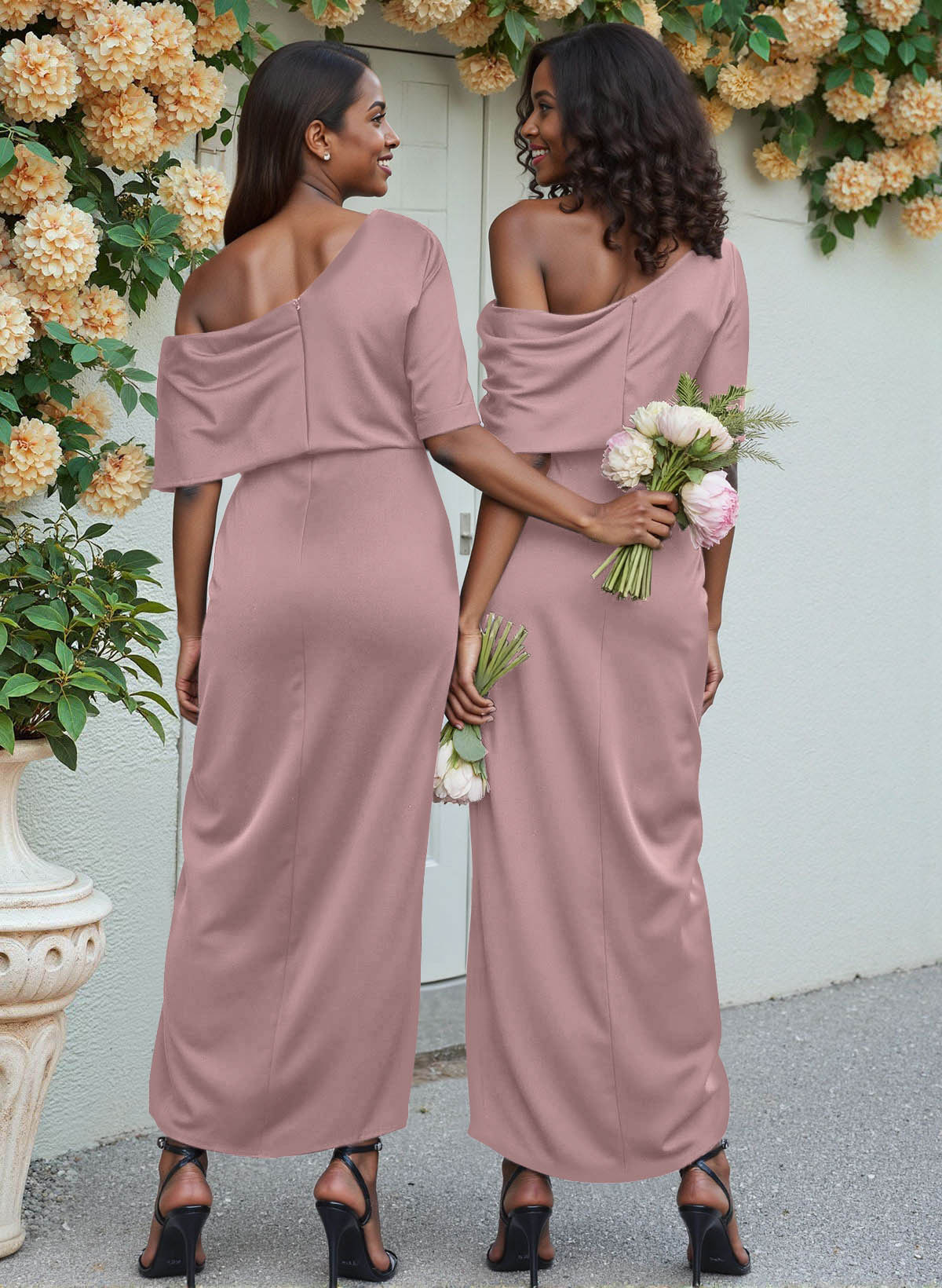 Sheath/Column Asymmetrical Sleeveless Satin Bridesmaid Dresses With Ruffle, product image 63