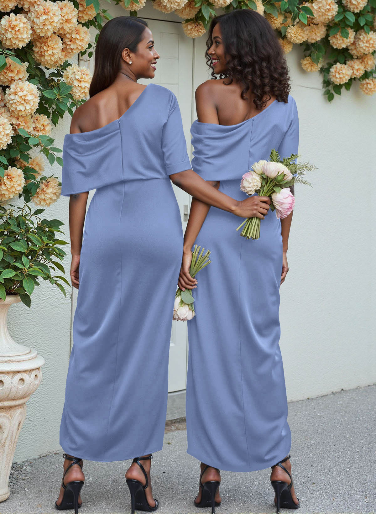 Sheath/Column Asymmetrical Sleeveless Satin Bridesmaid Dresses With Ruffle, product image 51